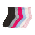Six-pack medium quarter crew socks: black, gray, fuchsia, light blue, white, pink ribbed cuffs