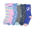 Six-pack small crew socks with pastel stripes, stars, dots, and unicorn design