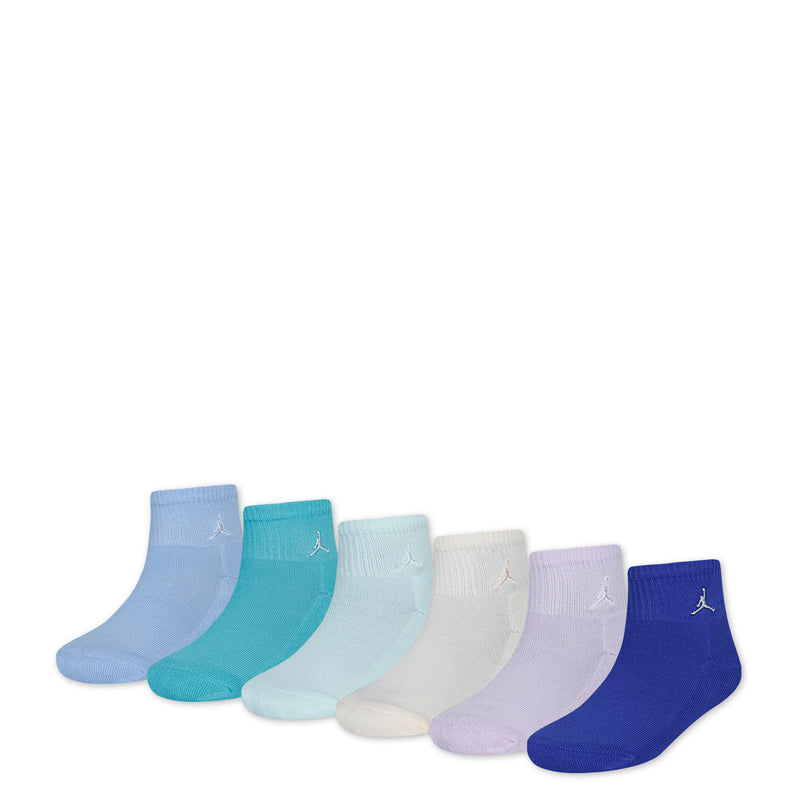 Six-pack quarter socks in light blue, teal, white, cream, lavender, and dark blue