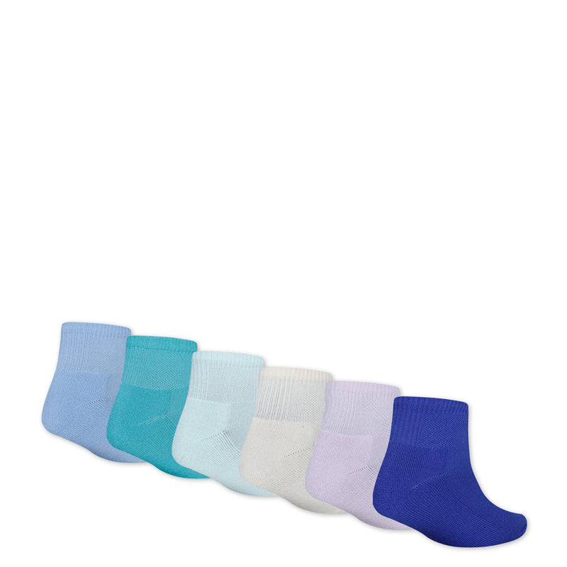 Six-pack quarter socks side view in light blue, teal, white, cream, lavender, and navy