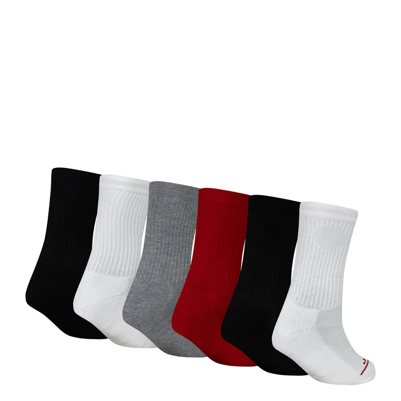 6-pack crew socks lined up, black, white, gray, and red with JORDAN logos