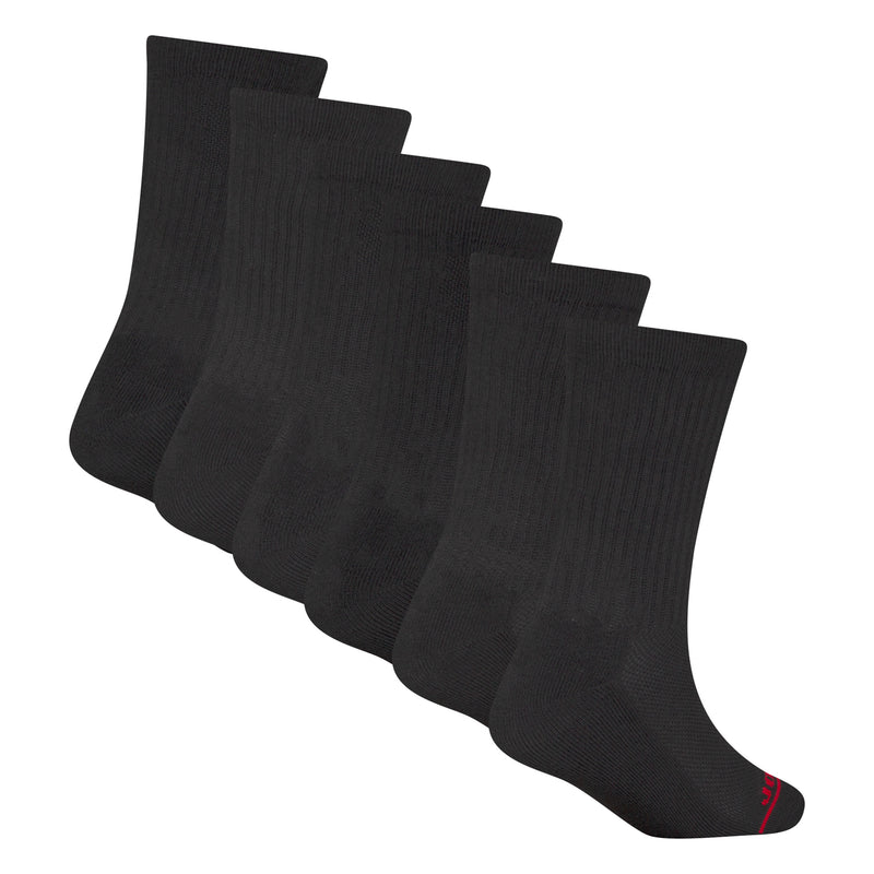 Black crew socks 6-pack, subtle red heel accent
