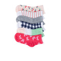 Pack of low-cut socks with mixed patterns: red cherries, blue checks, gray, mint, and pink.