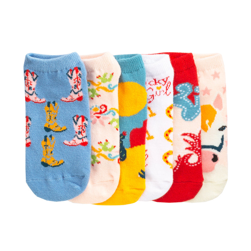 6-pack small no-show socks with colorful cartoon motifs, low ankle cut