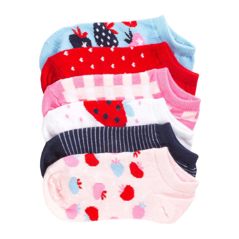 Six-pack small no-show socks in pink, red, blue, and white with fruit patterns