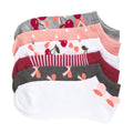 6-pack no-show ankle socks, white pink grey with cherries, bows, stripes patterns