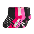 6-pack quarter socks in black, pink, and white with polka-dot and stripe patterns