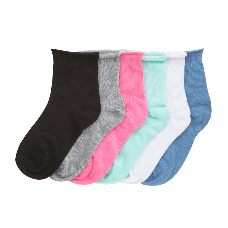 6-pack ribbed quarter socks with roll top, black gray pink mint white blue