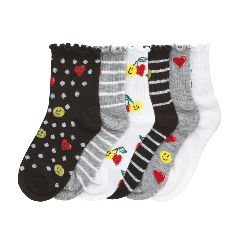Six-pack quarter socks with smiley, rose, and striped designs in black, grey, and white