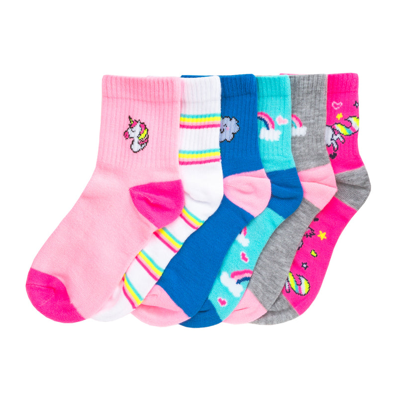 6-pack quarter socks with unicorn and rainbow designs; pink, blue, teal, gray mix