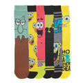 Set of 6 adult crew socks with SpongeBob cartoon faces in mix of brown, black, yellow