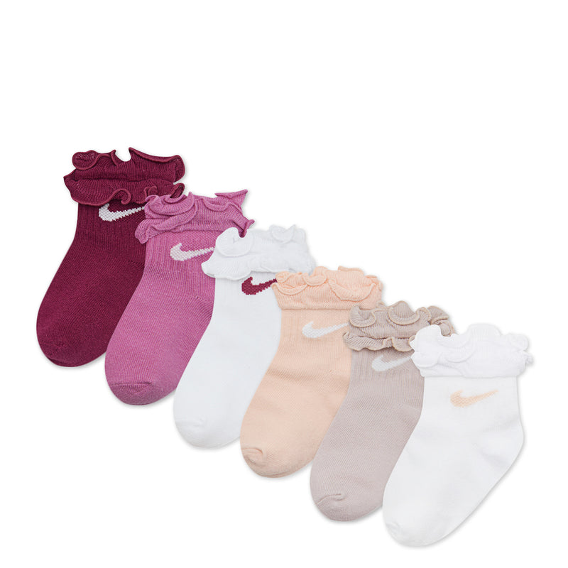 Toddler ruffle-cuff socks, six pairs in burgundy, pink, white, peach, tan, and gray