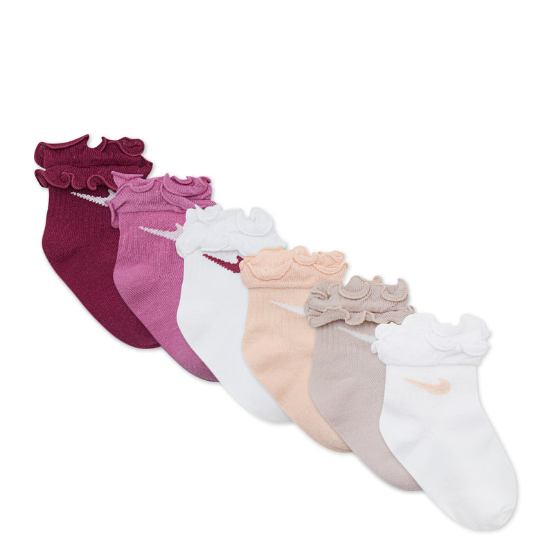 Toddler ruffle-cuff socks, six pairs in sweet beet, pinks, whites, peach, and gray