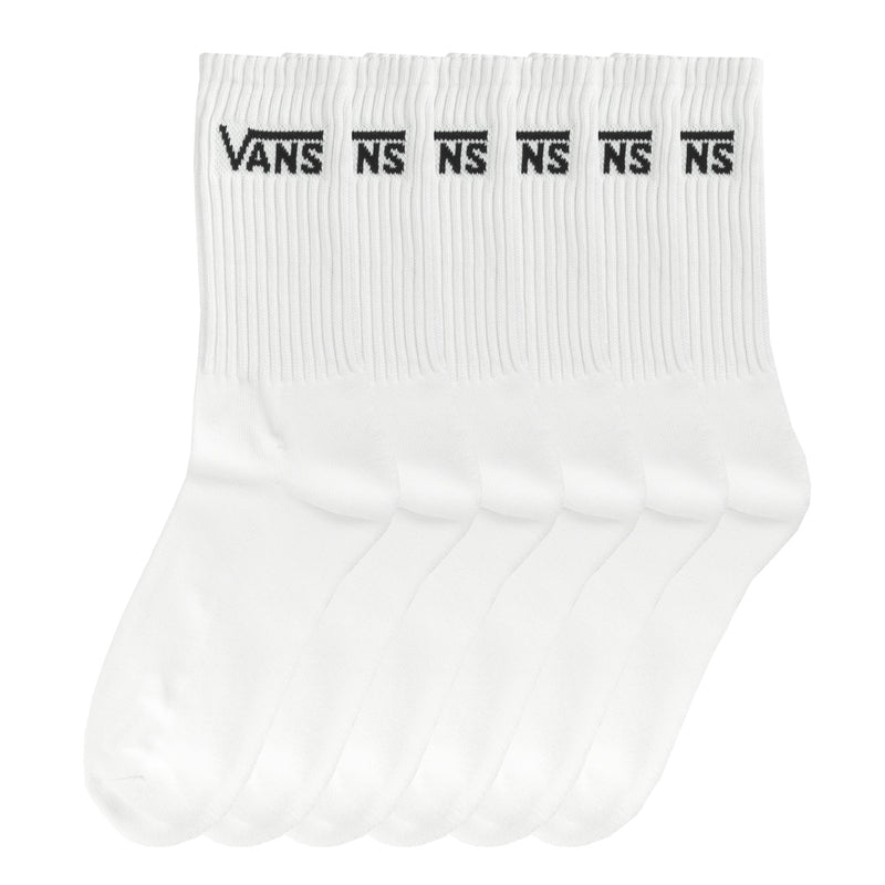 Six-pack unisex crew socks in white with black logo on ribbed cuffs