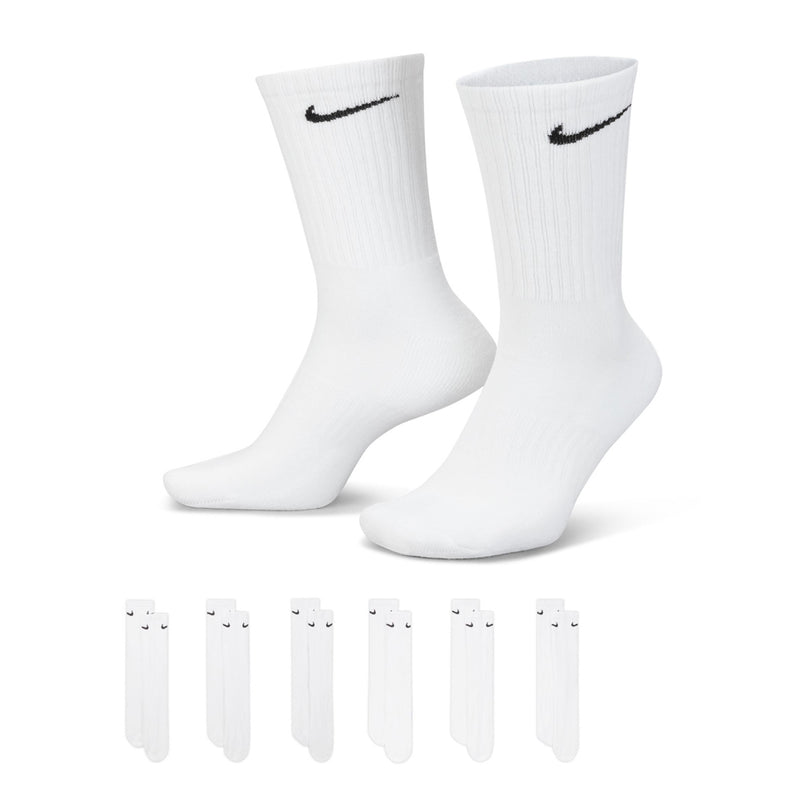 6-pack cushioned crew socks, white with black Nike Swoosh, pair view