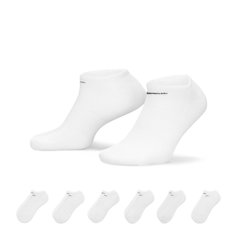 6-pack no-show socks, white with black Nike swoosh logo and cushioned heel