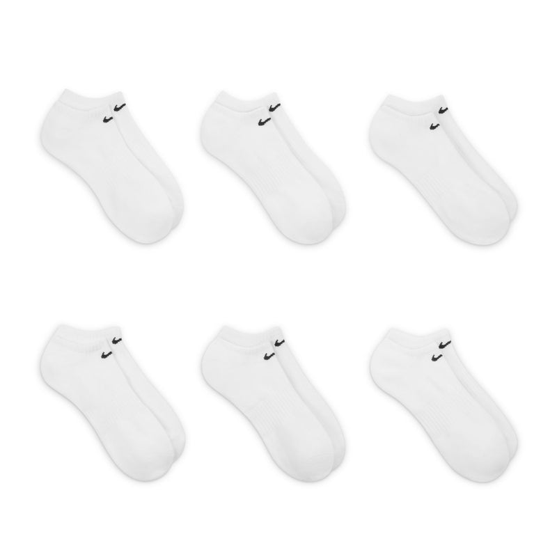 6-pack white no-show socks with black Nike swoosh embroidery at the top