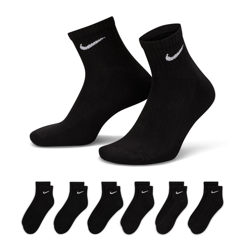 6-pack unisex black quarter socks with white Nike swoosh, cushioned knit
