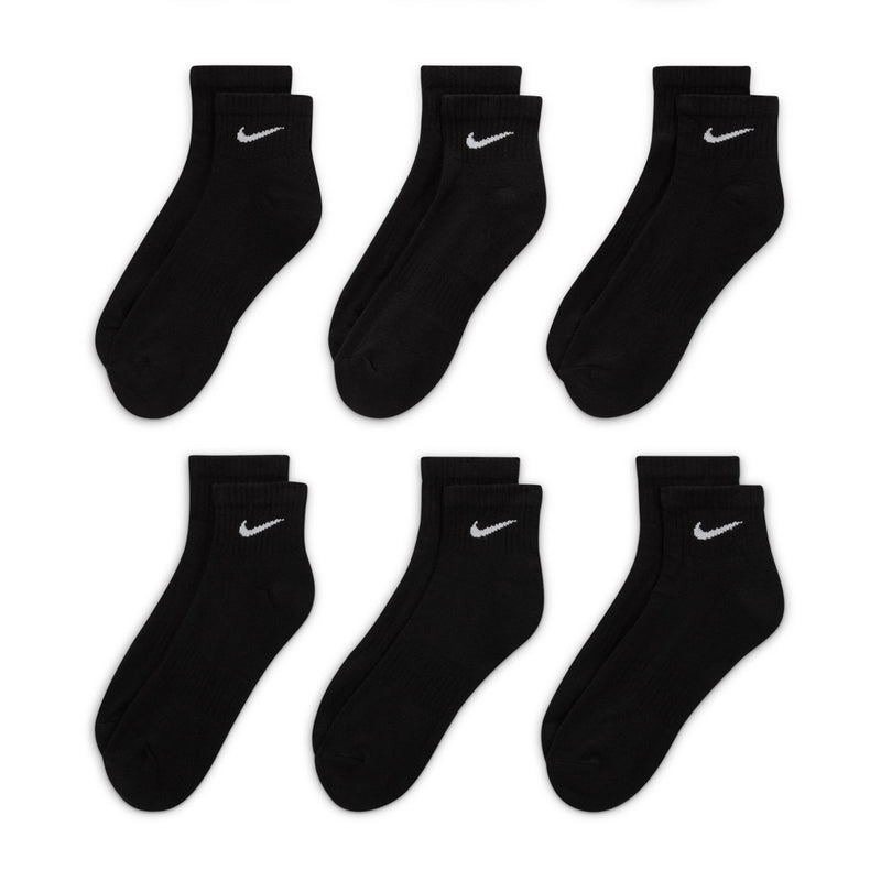 6-pack black quarter crew socks with white Nike swoosh logos