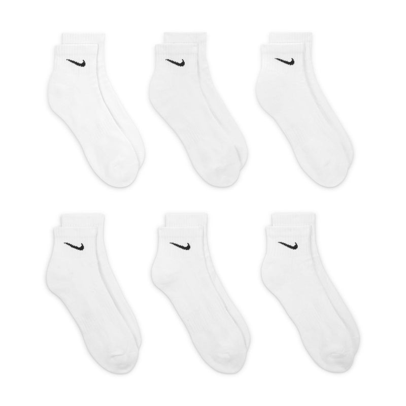 White cushioned quarter crew socks with black Nike swoosh, six pairs