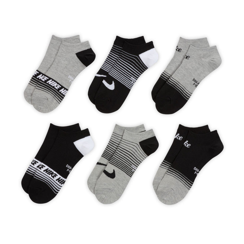 6-pack no-show socks in heather gray and black with striped bands and logo marks
