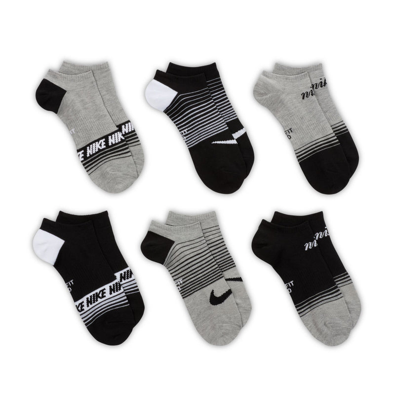 6-pack no-show socks, heather gray and black with striped bands and swoosh logo