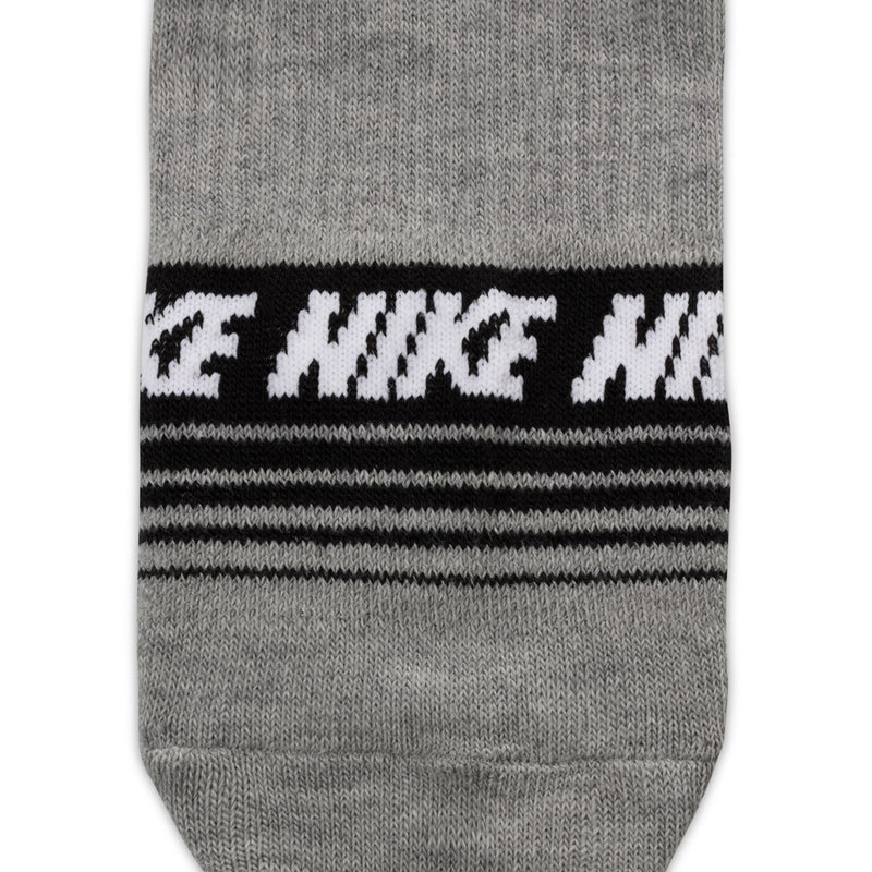 Heather gray no-show sock with black-and-white logo stripes across the cuff