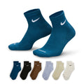 6-pack cushioned quarter socks in blue, black, brown, gray, tan, and white