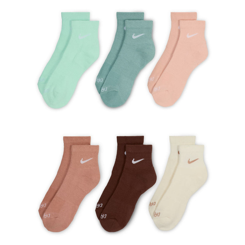 6-pack quarter crew socks in mint, teal, peach, brown, and cream tones