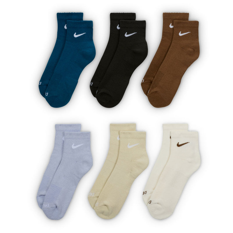 6-pack unisex cushioned quarter socks in navy, black, brown, light gray, tan, and cream
