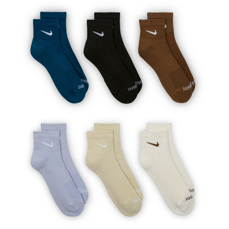 6-pack unisex cushioned quarter socks in dark blue, black, brown, light blue, tan, and white