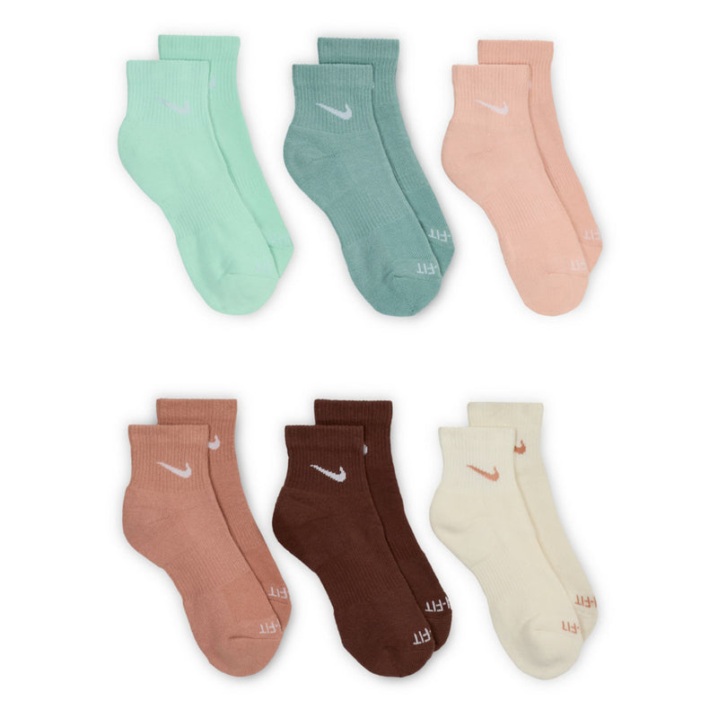 6-pack quarter crew socks in mint, rust, dark brown, and off-white tones