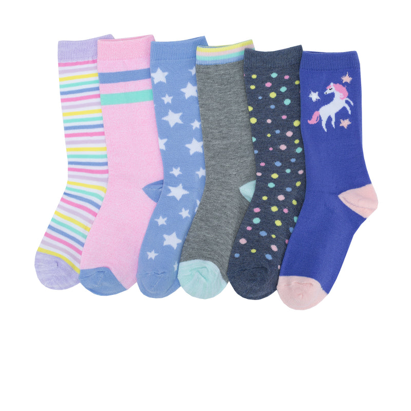 6-pack x-small crew socks in assorted colors: stripes, unicorn, star and confetti designs