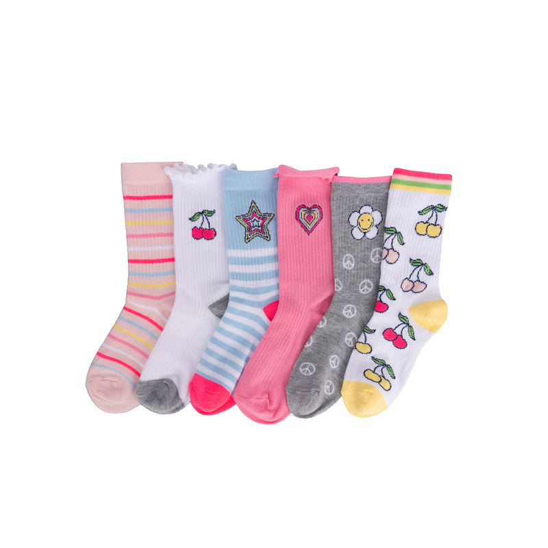 Six-pack x-small crew socks with mixed fruit, hearts, stars, and striped designs