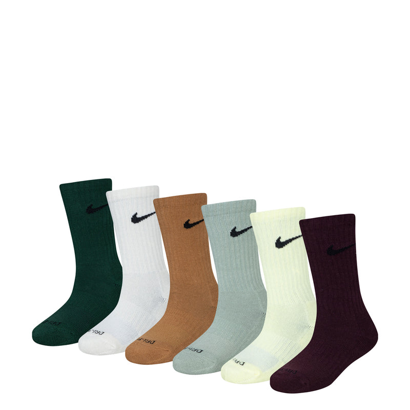6-pack crew performance socks, dark green, white, brown, light blue, pale yellow, burgundy