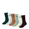 6-pack crew performance socks, dark green, white, brown, light blue, pale yellow, burgundy