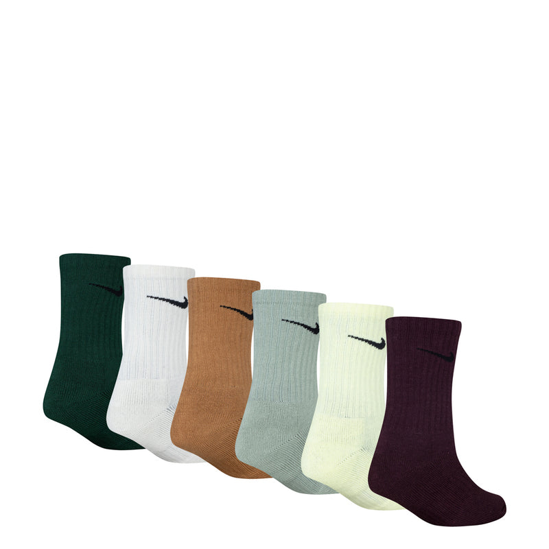 6-pack crew performance socks lined up: dark green, white, brown, light blue, pale yellow, burgundy