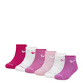 6-pack quarter socks in vivid pink, blush pink, and white; Nike swoosh logo