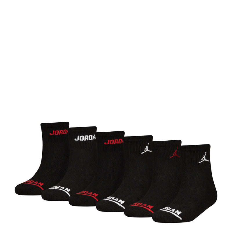 6-pack black quarter crew socks with JORDAN logo and red Jumpman accents