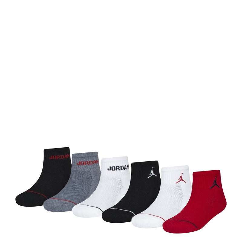 6-pack quarter socks in black, gray, white, and red with Jordan logo
