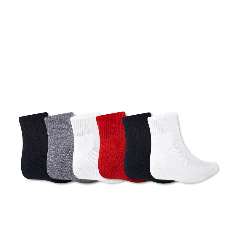 6-pack quarter socks mixed colors—black, gray, white, and red—with Jumpman logos