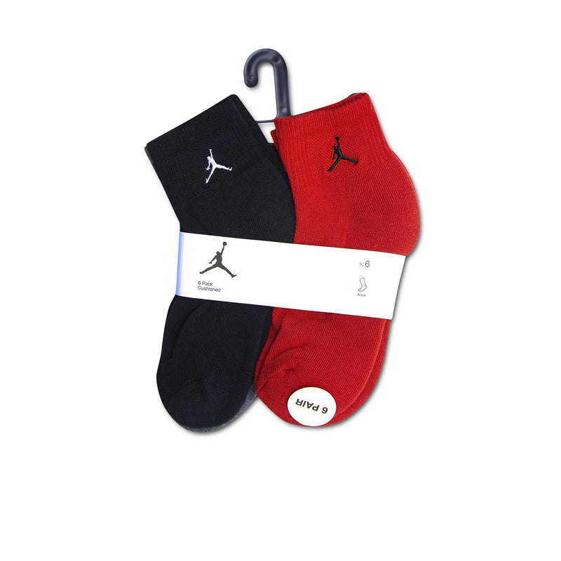 Pack of quarter socks on hanger: black and red pairs with Jumpman logos