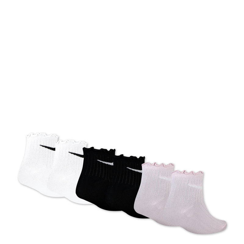6-pack x-small ankle socks, lettuce edge, white, black, and light pink foam