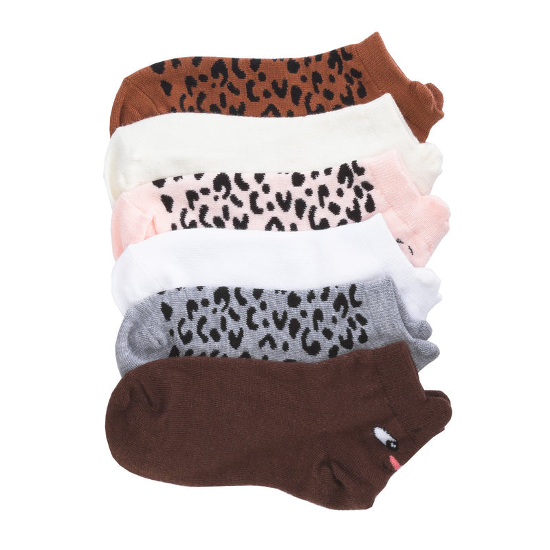 6-pack low-cut socks, leopard-print and 3D animal face, brown/pink/tan/white/gray