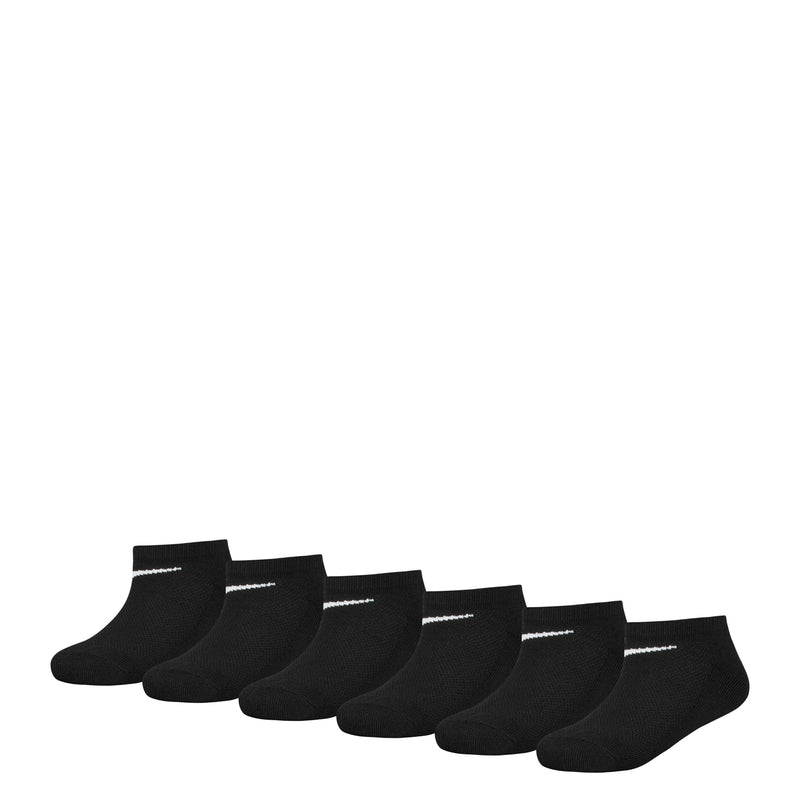Black no-show socks, 6-pack set laid flat with white swoosh logo