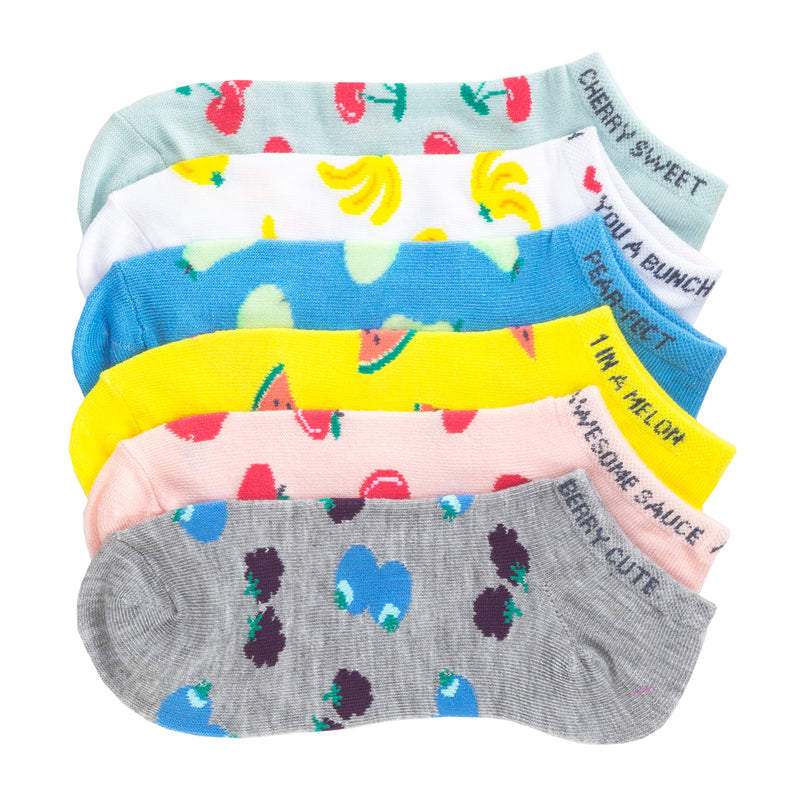 6-pack x-small no-show socks in colorful fruit-print with ribbed openings