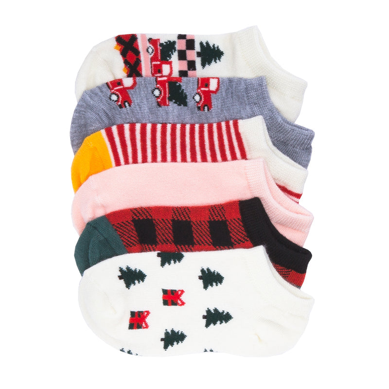 6-pack x-small no-show socks, holiday prints: trucks, trees, stripes, mixed colors