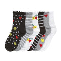6-pack x-small quarter crew socks with smiley and rose prints in black, white, and gray