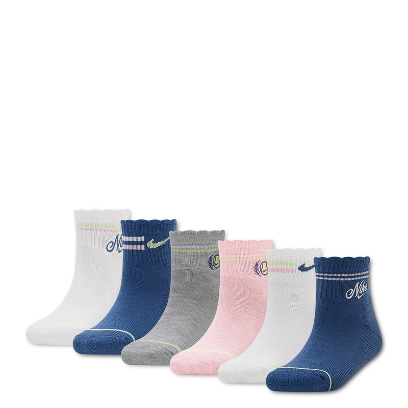 6-pack kids ankle socks in white, gray, pink, and blue with ribbed cuffs