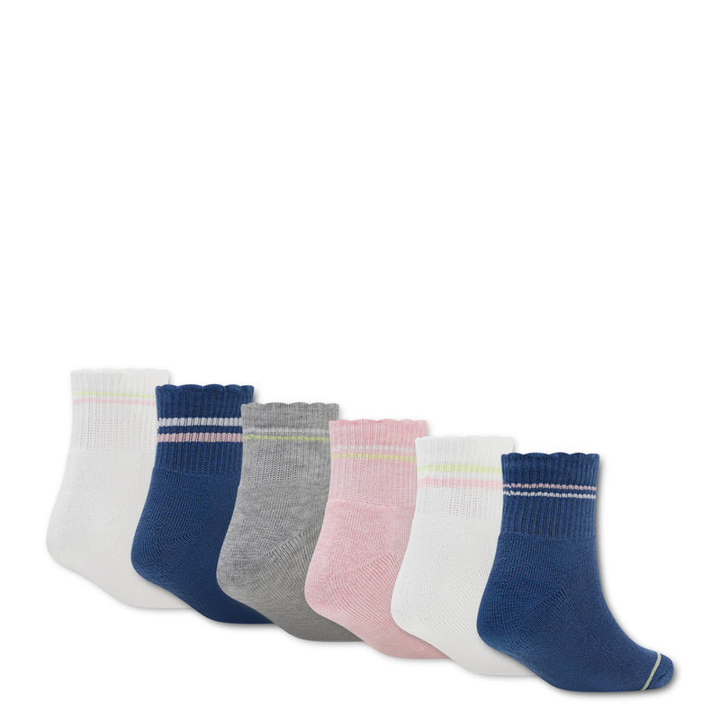 6-pack kids ankle socks set in white, gray, pink, and blue with ribbed crew cuffs